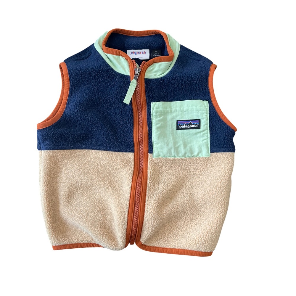 Patagonia Kids Synchilla Fleece Vest Colorblock Navy Tan 2T Toddler